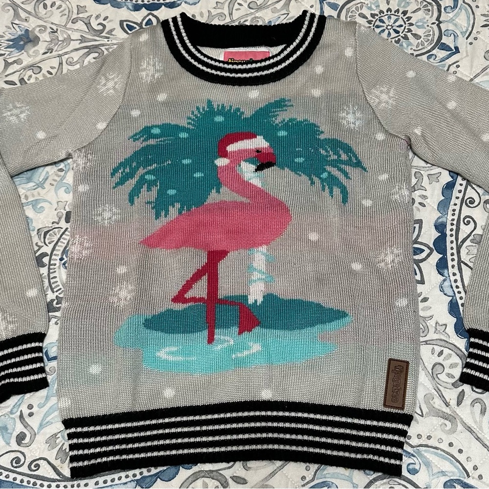 Tipsy Elves Gray Christmas Sweater with Pink Flamingo